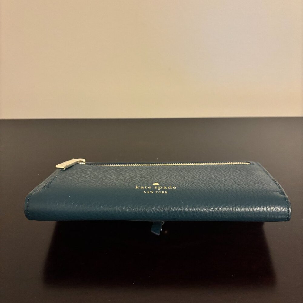 Kate Spade Marti Dark Blue Green Pebbled Leather Large Slim Flap Wallet - Picture 6 of 10